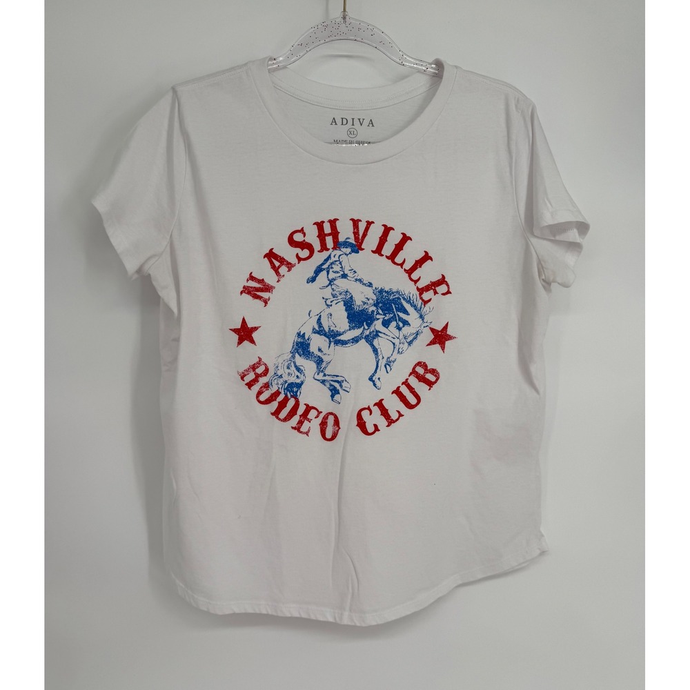 Adiva Nashville Rodeo Club Graphic Tee Womens Sz XL White Western Short Sleeve